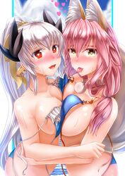  2girls animal_ears bikini black_horns blush bow breast_press breasts cleavage collarbone commentary_request day dragon_horns fate/grand_order fate_(series) fox_ears fox_tail hair_ornament hairbow heart heart-shaped_pupils horns kiyohime_(fate) kiyohime_(swimsuit_lancer)_(fate) kiyohime_(swimsuit_lancer)_(third_ascension)_(fate) large_breasts long_hair looking_at_viewer medium_breasts multiple_girls multiple_horns ocean orange_eyes outdoors pink_hair ponytail saliva side-tie_bikini_bottom sweat swimsuit symbol-shaped_pupils symmetrical_docking tail tamamo_(fate) tamamo_no_mae_(swimsuit_lancer)_(fate) tongue tongue_out totororo white_hair yellow_bikini yellow_eyes 