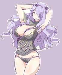  armpits arms_behind_head bad_id bad_link bad_twitter_id black_panties breasts camilla_(fire_emblem) cleavage female fire_emblem fire_emblem_fates hair_over_one_eye large_breasts lips long_hair panties purple_hair shougayaki_(kabayaki_3) smile solo underwear wavy_hair 