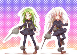  2girls black_pantyhose black_sailor_collar black_serafuku black_skirt blonde_hair blush commentary_request crescent crescent_hair_ornament green_eyes green_hair gun hair_ornament kantai_collection kikuzuki_(kancolle) long_hair minami_(apricot_tea) multiple_girls nagatsuki_(kancolle) open_mouth pantyhose pleated_skirt red_eyes sailor_collar school_uniform serafuku skirt smile thighhighs torpedo turret weapon white_hair 