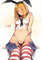  absurdres arms_behind_back black_panties blonde_hair blush bow commentary cosplay crossover dated female hairbow highres kantai_collection kenshin187 looking_at_viewer midorikawa_hana miniskirt navel open_clothes open_skirt panties pout prison_school sailor_collar shimakaze_(kancolle) shimakaze_(kancolle)_(cosplay) skirt solo stomach striped_clothes striped_thighhighs sweat thighhighs thong unbuttoned underwear 