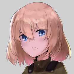  blonde_hair blue_eyes closed_mouth commentary emblem female frown girls_und_panzer green_jumpsuit grey_background jumpsuit katyusha_(girls_und_panzer) looking_at_viewer one-hour_drawing_challenge pirapirapirapira portrait pravda_military_uniform short_hair solo 