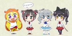  4girls animal_costume black_eyes black_hair blake_belladonna blonde_hair blue_eyes bow chibi commentary_request cosplay crossover doma_umaru doma_umaru_(cosplay) ebina_nana ebina_nana_(cosplay) english_text engrish_text hairbow himouto!_umaru-chan hood iesupa komaru_(himouto!_umaru-chan) komaru_(himouto!_umaru-chan)_(cosplay) long_hair motoba_kirie motoba_kirie_(cosplay) multiple_girls purple_eyes ranguage red_hair ruby_rose rwby school_uniform side_ponytail skirt tachibana_sylphynford tachibana_sylphynford_(cosplay) thought_bubble twintails wavy_mouth weiss_schnee white_hair yang_xiao_long yellow_eyes 