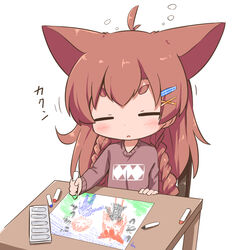  animal_ears braid brown_hair chibi child&#039;s_drawing closed_eyes commentary_request crayon facing_viewer female hair_ornament hairclip highres lonely makuran momiji_(makuran) original simple_background sleepy solo table thick_eyebrows twin_braids white_background x_hair_ornament 