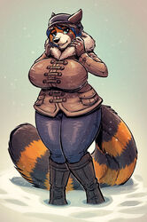  2016 ailurid anthro beanie big_breasts black_nose blue_eyes blue_hair boots breasts brown_hair clothed clothing eyebrows eyelashes female footwear fully_clothed gloves hair handwear hat headgear headwear huge_breasts mammal mia_(talash) multicolored_hair neodokuro red_panda snow solo thick_thighs two_tone_hair wide_hips 