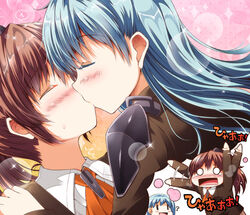  2girls aqua_hair blush brown_hair closed_eyes commentary_request hair_ornament hairclip kantai_collection kissing kumano_(kancolle) long_hair multiple_girls open_mouth photoshop_(medium) ponytail school_uniform suzuya_(kancolle) utsurogi_angu yuri 