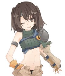  ;p brown_eyes brown_hair commentary_request cosplay female final_fantasy final_fantasy_vii headband kantai_collection midriff one_eye_closed orqz sendai_(kancolle) short_hair sleeveless sleeveless_turtleneck smile solo tongue tongue_out turtleneck two_side_up yuffie_kisaragi yuffie_kisaragi_(cosplay) 