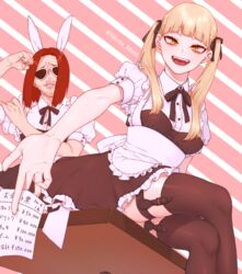  1boy animal_ears bangs blonde_hair blunt_bangs boku_no_hero_academia bunny_ears fangs female hikiishi_kenji maid mizuki_mau open_mouth red_hair sitting smile sunglasses tagme toga_himiko twintails yellow_eyes 