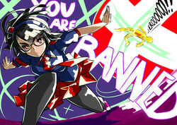  armband black_hair blue_shirt female glasses headphones indonesian_text internet_positif ipo-chan kill_la_kill parody personification plus_sign red_eyes red_skirt shirt side_ponytail skirt symbol-shaped_pupils 