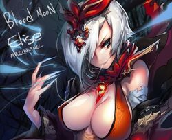  artist_request bandaged_arm bandages bangs blue_eyes breasts brooch character_name cleavage detached_sleeves elise_(league_of_legends) eyelashes fingernails gem hair_ornament hair_over_one_eye jewelry large_breasts league_of_legends long_fingernails looking_at_viewer open_mouth ribbon-trimmed_sleeves ribbon_trim ruby_(stone) sharp_fingernails short_hair silk silver_hair smirk solo string underbust upper_body white_hair 