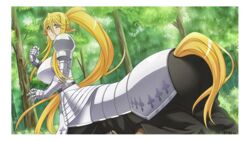  armor blonde_hair blue_eyes breasts centaur centorea_shianus female huge_breasts long_hair monster_girl monster_musume_no_iru_nichijou monster_musume_no_iru_nichijou_online ponytial smile solo standing 