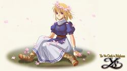  blonde_hair blush company_name copyright_name elena_stoddart female flower flower_wreath head_wreath highres looking_at_viewer official_art purple_eyes short_hair sitting skirt smile solo ys ys_iii_wanderers_of_ys 