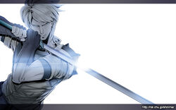  1boy astram_(fire_emblem) blue_eyes commentary_request fire_emblem fire_emblem:_mystery_of_the_emblem gloves katsuki_(ktkh) male_focus monochrome photoshop_(medium) simple_background solo sword weapon white_background 