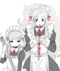  2girls alternate_costume apron bleeding blood broom commentary_request enmaided expressionless height_difference long_hair maid multiple_girls nanashi_(yume_nisshi) neck_ribbon ribbon short_hair spot_color tsukushi_(toxicdoll) usotsuki very_long_hair yume_nisshi 