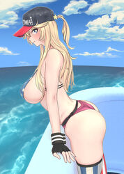  american_flag american_flag_bikini american_flag_legwear american_flag_print ass asymmetrical_legwear balcony baseball_cap bikini bikini_bottom_only blonde_hair blue_eyes breasts cloud cloudy_sky commentary day female fingerless_gloves flag_print gloves hajimanabu hat highres iowa_(kancolle) kantai_collection large_breasts long_hair mismatched_legwear ocean outdoors print_bikini purple_bikini sideboob skindentation sky smile solo star-shaped_pupils star_(symbol) striped swimsuit symbol-shaped_pupils uss_iowa_(bb-61) vertical_stripes wrist_cuffs 