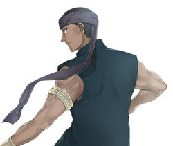  1boy arslan_senki back black_hair bracelet commentary_request dark-skinned_male dark_skin green_eyes headband jaswant jewelry kyusui_polymer male_focus manly simple_background solo white_background 