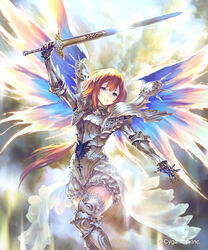  arm_up armor armored_boots boots breastplate brown_hair cloud cloudy_sky commentary_request day female floating_hair gauntlets green_eyes highres hisakata_souji holding holding_sword holding_weapon lapis_glorius_seraph long_hair miniskirt outdoors outstretched_arm parted_lips pauldrons ponytail shadowverse shingeki_no_bahamut shoulder_armor skirt sky solo sparkle standing sword thigh_boots thighhighs very_long_hair weapon white_skirt white_thighhighs wings zettai_ryouiki 