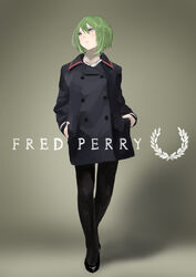  absurdres bad_id bad_pixiv_id bob_cut buttons closed_mouth coat double-breasted english_text fashion female fred_perry_(brand) full_body green_hair hair_between_eyes hands_in_pockets highres looking_away midorikawa_yuhata mole orihika pantyhose purple_eyes shoes short_hair sidonia_no_kishi simple_background solo standing 