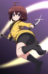  ahoge artist_request ass bike_shorts blush boots brown_hair dual_wielding female from_behind from_below hoodie huge_weapon linne looking_back purple_eyes reverse_grip shiny shiny_hair short_hair solo sword under_night_in-birth weapon 