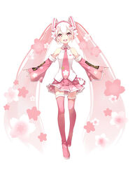  boots cherry_blossoms commentary_request detached_sleeves female flower full_body hatsune_miku linfi-muu long_hair looking_at_viewer necktie open_mouth pink_eyes pink_footwear pink_hair pink_necktie pink_skirt sakura_miku skirt smile solo thigh_boots thighhighs twintails very_long_hair vocaloid zettai_ryouiki 