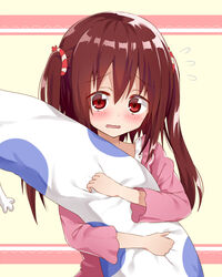  amagasa_yun bad_id bad_pixiv_id blush brown_hair dakimakura_(object) ebina_nana female flying_sweatdrops highres himouto!_umaru-chan hugging_object long_hair looking_at_viewer nekoronbusu open_mouth pillow red_eyes solo stuffed_animal stuffed_cat stuffed_toy twintails wavy_mouth 