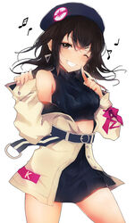  belt black_hair blush breasts brown_eyes buckle casual coat commentary_request cropped_sweater earrings female glint hair_between_eyes hair_ornament head_tilt highres idolmaster idolmaster_cinderella_girls index_finger_raised jewelry large_breasts long_hair looking_at_viewer mole mole_under_eye off_shoulder one_eye_closed open_clothes open_coat parted_lips peanutc photoshop_(medium) pov purple_sweater ribbed_sweater sharp_teeth skirt solo sunazuka_akira sweater sweater_vest teeth two_side_up white_coat 