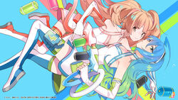  2girls artist_name blue_hair boots end_card gradient_hair green_eyes halterneck highres holster multicolored_hair multiple_girls official_art orange_eyes orange_hair sumako_(ultra_super_anime_time) supika_(ultra_super_anime_time) thigh_boots thigh_holster thighhighs ultra_super_anime_time water_gun watermark yutaka7 zettai_ryouiki 