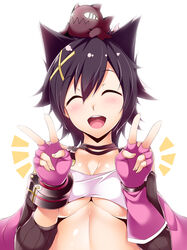  ^_^ abaddon_(god_eater) animal_ears aragami blush breasts cat_ears closed_eyes commentary_request double_v female fingerless_gloves gloves god_eater god_eater_2:_rage_burst hair_ornament kouzuki_nana medium_breasts on_head open_mouth photoshop_(medium) short_hair smile solo_focus underboob v watanuki_kaname 