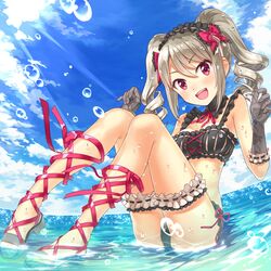  bikini black_bikini black_gloves blush breasts buntan commentary_request drill_hair female frilled_bikini frills gloves grey_hair hair_ribbon hairband highres idolmaster idolmaster_cinderella_girls kanzaki_ranko long_hair looking_at_viewer open_mouth red_eyes ribbon sandals sitting small_breasts smile solo swimsuit thigh_strap twin_drills twintails water wet 