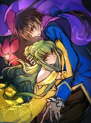  1boy alternate_hair_length alternate_hairstyle beauty_and_the_beast brown_hair c.c. code_geass commentary_request cradling_head creayus dress elbow_gloves female flower formal gloves gown green_hair lelouch_vi_britannia long_hair looking_at_viewer parody ponytail purple_eyes yellow_dress yellow_eyes yellow_gloves 