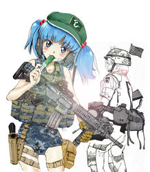  2girls alternate_costume american_flag ammunition_pouch animal_ears ar-15 assault_rifle backpack bag bandaid bandaid_on_face belt blue_eyes blue_hair blush buckle bulletproof_vest camouflage canteen collarbone commentary_request cucumber digital_camouflage ear_protection eotech flag flask food from_behind gloves gun gun_sling hair_bobbles hair_ornament handgun hat headset helmet holster inubashiri_momiji kawashiro_nitori load_bearing_equipment load_bearing_vest looking_at_viewer looking_back m16 m16a2 m4_carbine magazine_(weapon) military military_uniform multiple_girls nakamura_3sou pants partially_colored pocket pouch rifle short_hair simple_background single_glove smile snap-fit_buckle thigh_holster touhou twintails two_side_up uniform united_states_army vertical_foregrip weapon white_background wolf_ears 