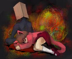  1boy animal_ears bag bag_over_head brown_hair cat_ears cat_tail character_request colorful commentary_request female madotsuki mary_janes paper_bag pink_shirt shirt shoes skirt sleeping tail tsukushi_(toxicdoll) white_legwear yume_nikki 