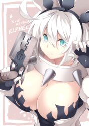  ahoge aqua_eyes breasts character_name cleavage collar elphelt_valentine female gloves guilty_gear guilty_gear_xrd guilty_gear_xrd:_revelator gun huge_breasts jijii48 short_hair silver_hair simple_background smile solo spikes weapon 