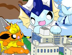  ambiguous_gender angry building caution_stripes city detailed_background eeveelution feral flareon generation_1_pokemon green_eyes group hi_res jolteon kemono macro nintendo outside pokemon pokemon_(species) semi-anthro sitting size_difference thirteen trio vaporeon water wet 