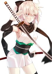  ass_visible_through_thighs black_bow black_scarf black_thighhighs blonde_hair bow breasts commentary_request cowboy_shot detached_sleeves fate/grand_order fate_(series) female grey_eyes hair_between_eyes hairbow highres holding holding_sheath japanese_clothes katana kimono kimono_skirt looking_at_viewer medium_breasts obi okita_souji_(fate) okita_souji_(koha-ace) ponytail sash satsukinapo scarf sheath short_hair short_kimono sideboob simple_background sleeveless sleeveless_kimono solo standing sword thighhighs unsheathed weapon white_background white_kimono 