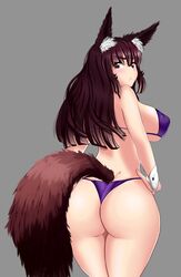  :&lt; angry animal_ears ass bikini blush breasts brown_eyes brown_hair dimples_of_venus female female fox_ears fox_tail from_behind highres large_breasts long_hair looking_at_viewer puffy_nipples purple_bikini purple_swimsuit red_eyes simple_background solo standing swimsuit tail wolfheck 