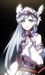  bare_shoulders belt blue_eyes commentary_request detached_sleeves earrings female fingerless_gloves gloves helmet jewelry jianmo_sl log_horizon long_hair reinesia_el_arte_cowen silver_hair solo valkyrie visor_(armor) winged_helmet 