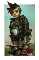  andrew_tran artist_name artstation_sample bad_link bandana black_gloves black_nails bodysuit bomber_jacket brown_eyes brown_hair brown_jacket commentary ear_piercing emblem english_commentary female fingerless_gloves fingernails gloves goggles goggles_around_neck highres image_sample jacket leather leather_jacket lips lipstick logo makeup nail_polish overwatch overwatch_1 pants piercing pink_lips short_hair short_sleeves solo spiked_hair swept_bangs tracer_(overwatch) union_jack upper_body vambraces watermark web_address 