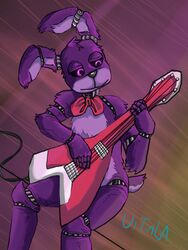  animatronic bonnie_(fnaf) chill five_nights_at_freddy&#039;s fur guitar lagomorph leporid machine male mammal musical_instrument pink_eyes plucked_string_instrument purple_body purple_fur rabbit robot scottgames smile solo string_instrument uitinla 