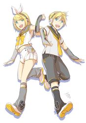  1boy arm_tattoo arm_warmers artist_name bass_clef blonde_hair blue_eyes blunt_bangs brother_and_sister buttons commentary_request crossed_arms female fortissimo grey_shirt hair_ornament hair_ribbon hairclip headphones ichi_ka kagamine_len kagamine_len_(vocaloid4) kagamine_rin kagamine_rin_(vocaloid4) leg_warmers looking_at_viewer midriff navel necktie pleated_skirt ribbon sailor_collar shirt shoes short_hair shorts siblings signature skirt sleeveless sleeveless_shirt smile sneakers speaker tattoo treble_clef twins v4x vocaloid white_background white_skirt 