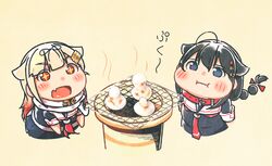  +_+ 2girls ahoge black_hair black_ribbon black_serafuku blonde_hair blue_eyes blush braid chibi closed_mouth collar commentary_request food grill hair_between_eyes hair_flaps hair_ornament hair_ribbon hairclip kantai_collection koppa_mijinko_(series2023) long_hair looking_at_viewer mochi multiple_girls neckerchief oerba_yun_fang open_mouth pout red_neckerchief ribbon scarf school_uniform serafuku shigure_(kancolle) shigure_kai_ni_(kancolle) simple_background single_braid smile standing white_scarf yuudachi_(kancolle) yuudachi_kai_ni_(kancolle) 