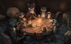  16:10 absurd_res barrel candle canid canine card card_game clothed clothing fox furniture gaming grey_fox group hi_res inn inside mammal naviwavi pub red_fox rodent sciurid semi-anthro sitting story table tankard tree_squirrel true_fox urocyon widescreen 