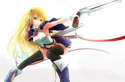  bad_id bad_pixiv_id blazblue blonde_hair bolverk female gloves green_eyes gun handgun highres kikivi long_hair midriff navel noel_vermillion solo thighhighs weapon 