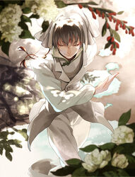  1boy black_hair bowing commentary_request eyeshadow facial_mark fingernails flower hakutaku_(hoozuki_no_reitetsu) hoozuki_no_reitetsu j.w japanese_clothes leaf makeup male_focus solo 