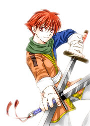  1boy commentary_request fire_emblem fire_emblem:_mystery_of_the_emblem male_focus osakabe_yanagi photoshop_(medium) radd_(fire_emblem) red_eyes red_hair simple_background solo sword weapon white_background 