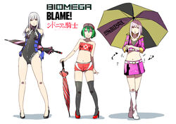  3girls baseball_cap biomega black_legwear blame! boots bow breasts cibo closed_umbrella commentary_request copyright_name creator_connection crop_top gloves green_hair hat high_heels highres kanoe_fuyu knee_boots leotard long_hair looking_at_viewer midorikawa_yuhata midriff multiple_girls navel open_mouth orihika pink_eyes pink_hair planted planted_umbrella purple_eyes race_queen ribbon short_hair short_shorts shorts sidonia_no_kishi silver_hair skirt small_breasts smile thighhighs toha_heavy_industries umbrella white_background 