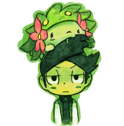  ambiguous_gender back_plant back_shrub black_hair carrying_another duo elemental_creature feral flora_fauna flower flower_(anatomy) generation_4_pokemon hair head_flower human kemono land_forme_shaymin legendary_pokemon mammal nintendo on_head plant pokemon pokemon_(species) shaymin short_hair simple_background utsuki_maito white_background 