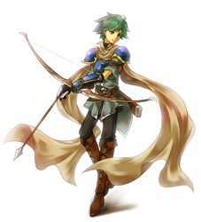  1boy arano_hachi armor boots bow_(weapon) commentary_request fire_emblem fire_emblem:_mystery_of_the_emblem full_body gauntlets gloves green_eyes green_hair male_focus scarf simple_background solo tomas_(fire_emblem) weapon white_background 