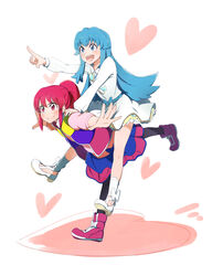  2girls aino_megumi ayatori_(sensei_heroism) blue_eyes blue_hair carrying casual commentary_request dress happinesscharge_precure! heart king_gainer_over! long_hair multiple_girls overman_king_gainer pantyhose parody pink_eyes pink_hair pointing ponytail precure shirayuki_hime standing standing_on_one_leg vest 