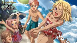  adol_christin ball beach beachball bikini blonde_hair blue_eyes blue_sky blush chester_stoddart cloud day dogi_(ys) elena_stoddart flexing highres multiple_boys muscular ocean official_art one_eye_closed outdoors palm_tree pink_hair pose purple_eyes sand short_hair sky smile sunglasses swimsuit tree water ys ys_iii_wanderers_of_ys 