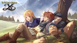  adol_christin blonde_hair blue_hair brown_hair company_name copyright_name day dogi_(ys) elena_stoddart female highres long_hair multiple_boys official_art outdoors purple_eyes red_hair smile tree ys ys_iii_wanderers_of_ys 